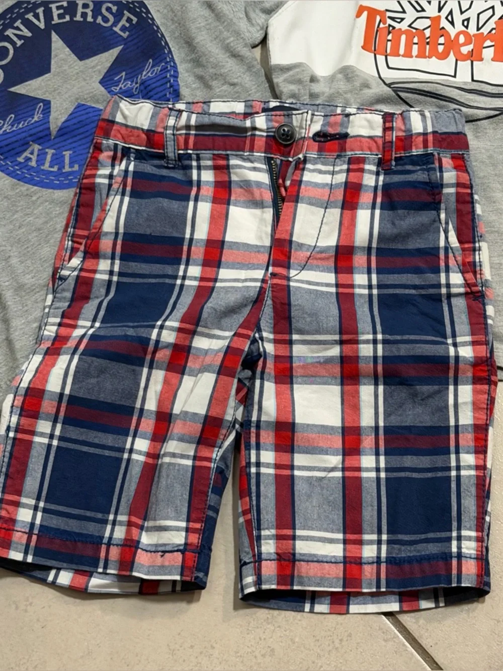 Converse, Timberland, Children’s Place Kids Boys Gray Logo Tees, Shorts size 5-6